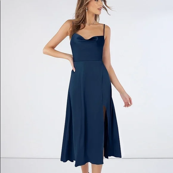 Azazie Navy Elma Stretch Satin Dress - Picture 3 of 6